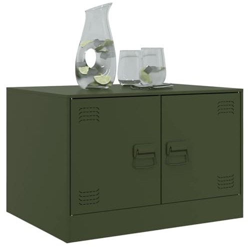 Table basse en acier laminé à froid vert olive avec 2 portes et poignées, 67 x 50 x 44 cm, capacité de charge 75 kg, espace de rangement pour salon, table TV pratique au design moderne, tables et