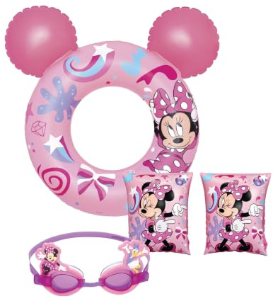 Bestway Minnie Mouse Pool Float Bundle for Kids, Inflatable Pool Float Bundle of 3, Swim Ring Tube, Arm Bands and Swimming Goggles for Swimming Pool Activities