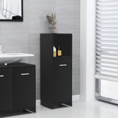 GeenYuu Armoire de Salle de Bain Noir en Bois d'ingénierie 30x30x95 cm avec Porte et poignée, Rangement Colonne Pratique pour Salle Bain, Meuble sous évier, buanderie, Toilette, Espace organisé