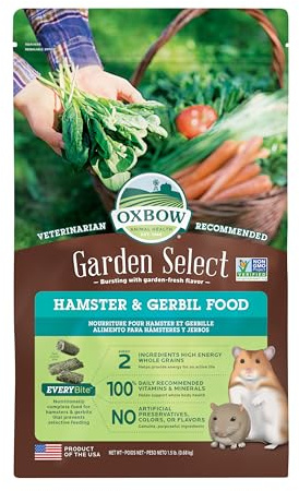 Oxbow Garden Select Hamster and Gerbil Food, Vitamin & Mineral Rich Daily Diet for Hamsters & Gerbils, Veterinarian Formulated, Non-GMO, Oxbow, Made in USA, 1.5 lb Bag