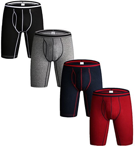Nuofengkudu Mens Long Leg Boxers Shorts Anti Chafing Stretch Cotton Underpants Longer Legged Trunks Briefs with Fly Pouch Waistband Breathable Sports Underwear 4 Pack Black Blue Grey Red XL