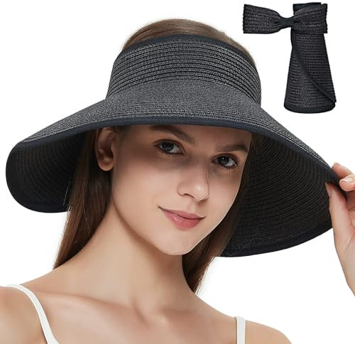 Maylisacc Adjustable Straw Open Top Straw Sun Hat Roll-Up Design, Foldable Wide Brimmed Visor Hats for Women Ladies, Vintage Bowknot Hat, Black