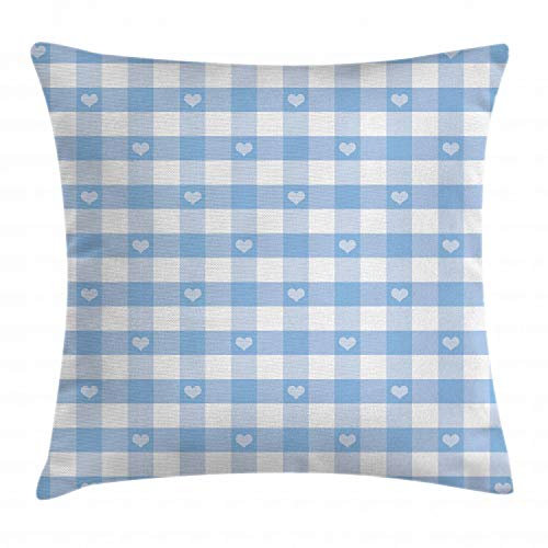 ABAKUHAUS Kariert Kissenbezug, Gingham mit Herzen, Dekorative Kopfkissenhülle mit Beidseitigem Druck Reißverschluß Waschbar, 50 x 50 cm, Weiß Blau