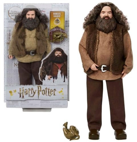 Harry Potter Mattel GKT94 - Rubeus Hagrid Sammlerpuppe, ca. 30 cm, mit Pullover, Gürtel und Drachenbaby, Geschenk für Kinder ab 6 Jahren