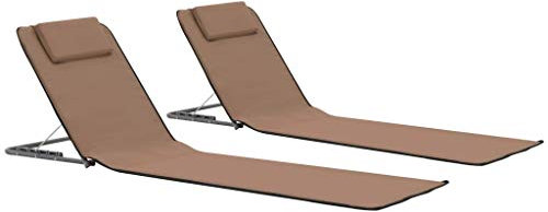 Tidyard 2 Klappbare Strandmatte Strandliegen-Set Sonnenliege Relaxliege Liegestuhl Outdoor-Liege verstellbare Rückenlehne Mit Kopfstütze & Staufach,Pulverbeschichteter Stahl und Stoff