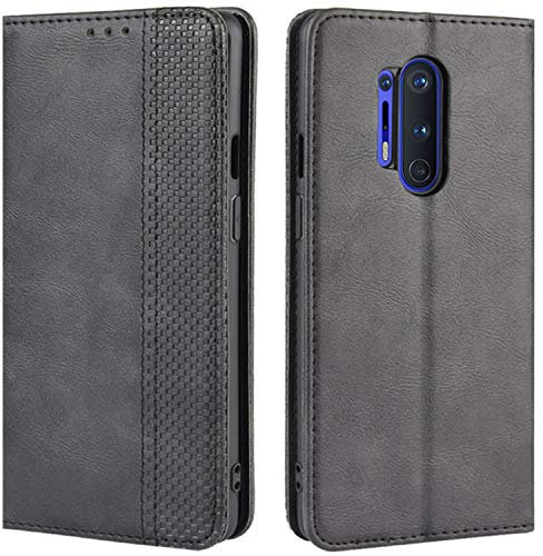 HualuBro Handyhülle für OnePlus 8 Pro Hülle, Retro Leder Stoßfest Klapphülle Schutzhülle Handytasche LederHülle Flip Case Cover für OnePlus 8 Pro Tasche, Schwarz