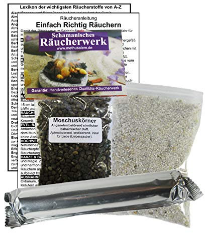 Naturheilmittel Heilsteine Moschus Moschuskörner Räucherset - 14 TLG - 50ml Räucherwerk + 10x Räucherkohle + Räuchersand + Räucheranleitung + Lexikon A-Z