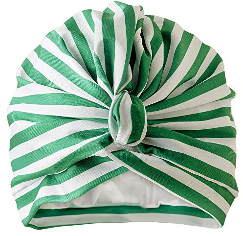 Dilly Daydream Stripey Green Shower Turban - Lycra Shower Cap - British Made - Waterproof Lining - Flattering Design - Easy To Slip On And Off