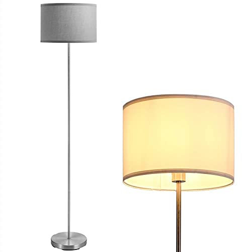 BAKAJI Lámpara de pie de pie, bombilla E27, máx. 60 W, base redonda de metal cromado, pantalla de tela, diseño moderno, encendido con pedal, altura 160 cm (gris)