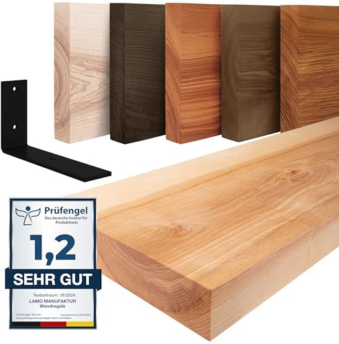 LAMO Manufaktur étagère Murale en Bois Massif, Bord régulier, étagère de Rangement Basic, Bois Naturel/équerre Noire 70cm, LWG-01-A-002-70LS