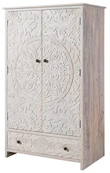 MASSIVMOEBEL24.DE Kashmir Kleiderschrank Massivholz, Schlafzimmerschrank Mango -Holz massiv mit 2 Türen, 1 Schublade, 2 Kleiderstangen, orientalisch romantischer Holzschrank für Schlafzimmer