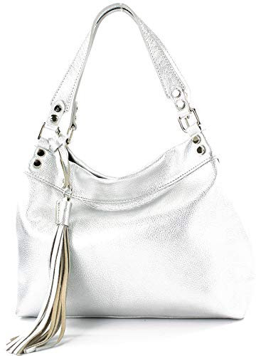 modamoda de T201 Damen Leder Schultertasche Handtasche handmade in Italy, Farbe:Silber-Metallic