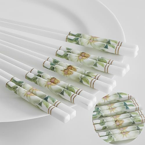 Set di 5 bacchette in ceramica in porcellana cinese, riutilizzabili, ottimo ricambio di bacchette in bambù/legno, 22,7 cm (camelia dorata)