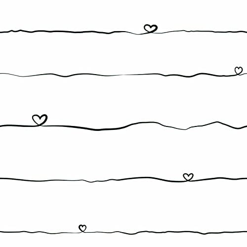 Herzchen Tapete in Schwarz Weiß | Mädchenzimmer Tapete mit horizontalen Streifen ideal für Teenager | Jugendzimmer Vliestapete gestreift