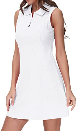 JINSHI Women's Sleeveless Polo Dress Breathable Cotton Casual Sports Golf Tennis Polo Dress White Size L