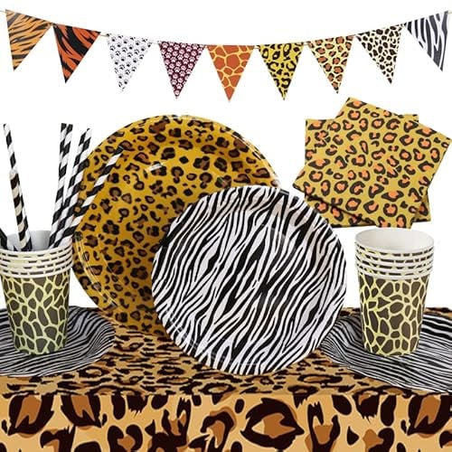 52 Stk. Safari Partygeschirr Leopard Tischdecke, Pappteller, Servietten, Waldtiere Pappbecher und Girlande Kindergeburtstag Dekoration Dschungel Deko Leoparden Geburtstagsdeko