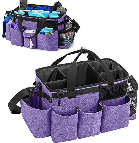 LoDridTote Reinigungstasche mit 4 Faltbaren Trennwänden, Tragbarer Reinigungsmittel-Organizer mit Seitlichen Griffen und Schultergurt, Lila, nur Tasche