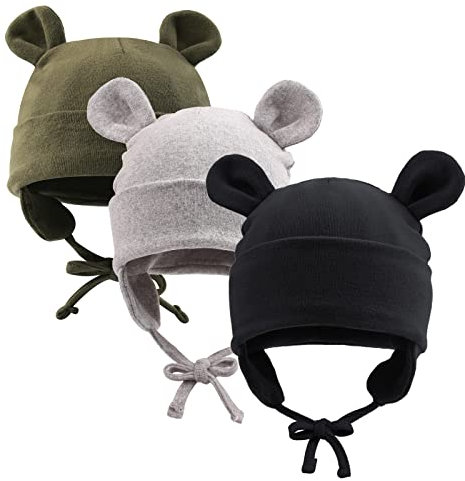 Pesaat Baumwolle Erstlingsmützen 0-12Monate Baby Mütze Neugeborene Mädchen Jungen Baby Beanie Newborn Mütze Mit Ohren und Band,Sommer,Frühling,Winter(Armeegrün++Schwarz+Grau, 0-6Monate)