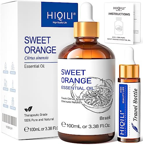 HIQILI Sweet Orange Essential Oil 100ML, 100% Pure Natural Orange Essential Oil Premium Grade Aromatherapy Orange Oil for Spray, Diffuser, Skin, Home - 3.38 Fl Oz