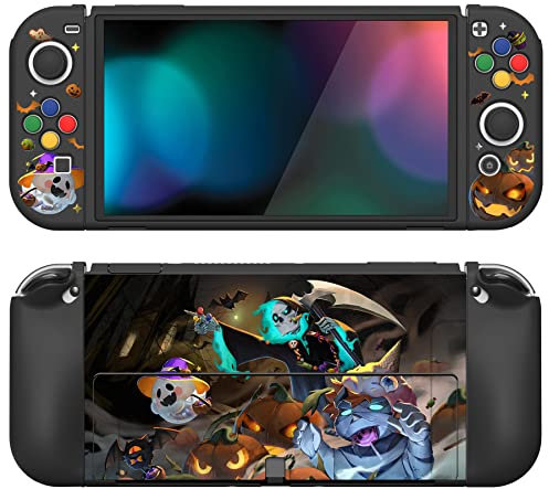 PlayVital Coque pour Switch OLED,Housse Protection pour Nintendo Switch OLED avec Capuchon Joystick Étui Cover Joycon et Boutons ZealProtect-Nuit Bonbons d'halloween