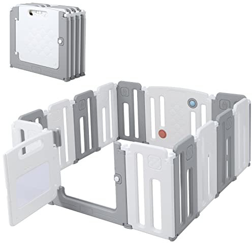 DREAMADE Laufstall Baby, Laufgitter mit Tür & Spielzeugboard, für Kleinkinder Baby 6-36 Monate, Absperrgitter Schutzgitter, 12+2 Paneelen, Baby Laufgitter faltbar (12+2 Paneelen)