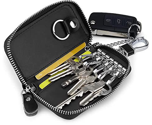 PFLYPF 1 pezzo di portachiavi per auto in pelle di vacchetta, portafoglio con cerniera di grande capacità con gancio, portachiavi in stile classico per carte bancarie, chiavi (nero)