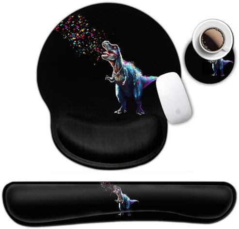 Ergonomic Gaming Mouse Pad,Gel Round Funy Anime Desk Mat,Memory Foam Keyboard Wrist Rest for Home Office Desk Pad with Non Slip PU Base, Light-up Colorful Dinosaurs Black Mouse Pad Wrist Support Set