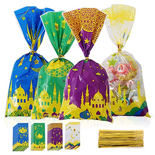 100 Stück Eid Mubarak Partytüten Geschenktüten, Ramadan Thema Bedruckt Muster Geschenktasche Zellophan Klar Kunststoff Goodie Tasche mit 100 Gold Twist Krawatten zum Befüllen Geschenkverpackung (A)