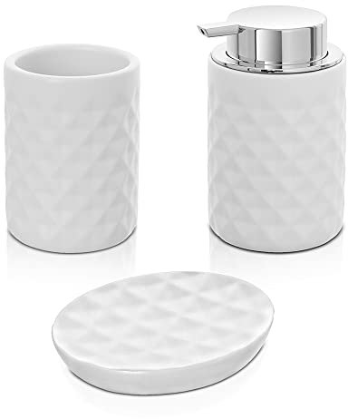 Inbagno Set Completo Accessori Bagno 3 Pezzi Colore Bianco, Kit Accessori appoggio con Dispenser, portaspazzolini e portasapone Solido, in Ceramica, Linea Cristal
