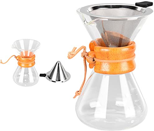 Pour over Kaffeebereite, Kaffeekaraffee mit Holzhals, 16,4 × 10 cm, Pour Over Kaffeemaschine, Coffee Dripper Glas, mit Skala, Hitzebeständigkeit, für die Zubereitung Ihres Kaffees(400ML)