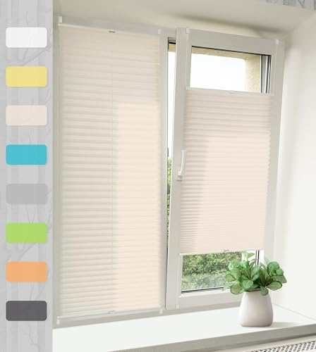 Plissee Klemmfix Ohne Bohren – Beige 110x120cm(BxH), Jalousie Lichtdurchlässig & Blickdicht, Sonnenschutz & Sichtschutz, Faltrollo Easyfix für Fenster & Tür