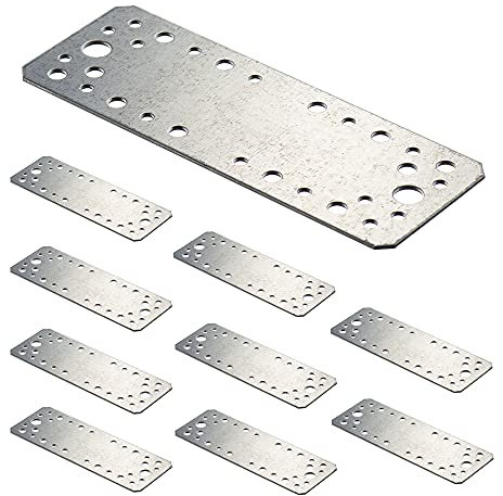 VHG Placa perforada – Conector plano de madera con reborde, juego de 10 unidades, placa de conexión, conector para construcción de madera, para interiores, reforzado, exterior, galvanizado (180x65x2)