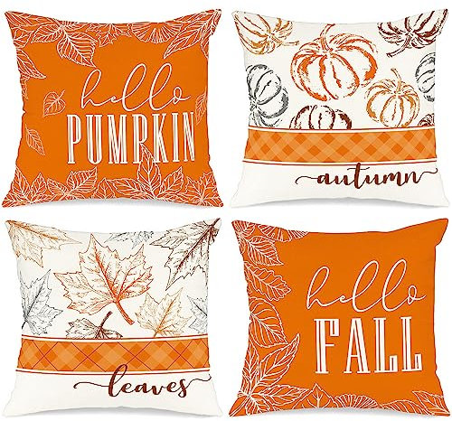 Benjia Juego de 4 Fundas Cojin Otoño 40x40cm, Camión Calabaza Girasoles Fundas de Almohada día de Gracias Halloween sofá Decoración Hogar Naranja 40 x 40 cm