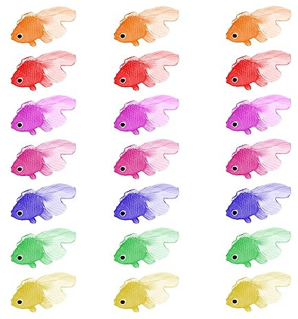 WeddHuis 21 Stück Dehnbare Neon Fische Künstliche Schwimmende Fische Weiche Gummi Goldfische Spielzeuge Kleine Gefälschte Fische Ornament für Katzenspielzeug Aquarium Dekoration Party Mitgebsel