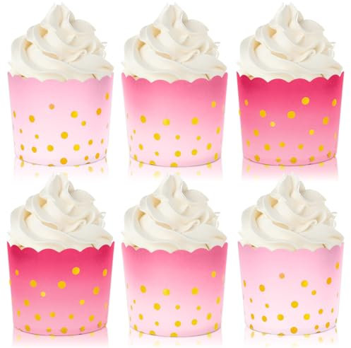 JarThenaAMCS 120 tazas de papel rosa para hornear con puntos dorados y rosados, envoltorios para cupcakes, bordes festoneados, para magdalenas, para el día de San Valentín, boda, fiesta de cumpleaños