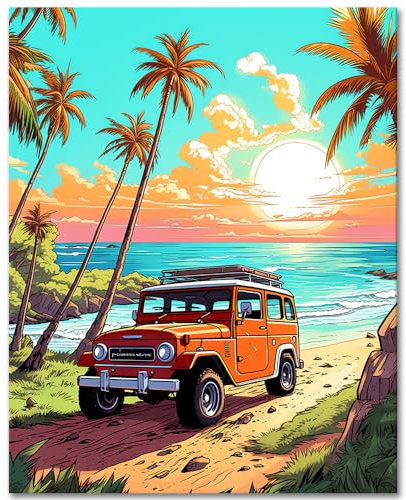 TISHIRON Peinture par numéros à faire soi-même pour adulte, voiture sur plage, paysage de plage, kit de peinture par numéros sur toile, 40,6 x 50,8 cm, peinture solaire par numéros pour adultes,