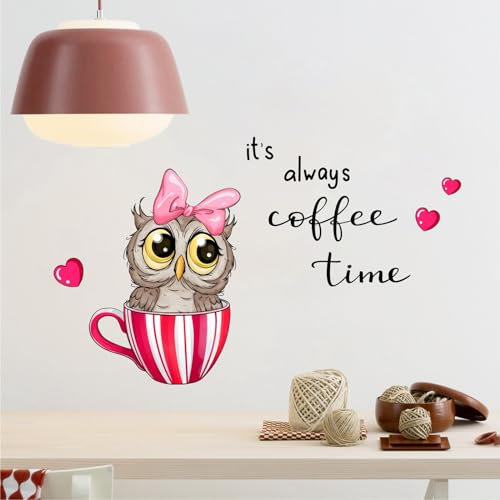 COVPAW Wandtattoo Kaffee Zeit Becher Tasse Wandaufkleber Selbstklebend für Cafe Cappuccino Latte Macchiato Espresso im Wohnzimmer und Küche Wandsticker Wanddeko (COFFEEOWL)