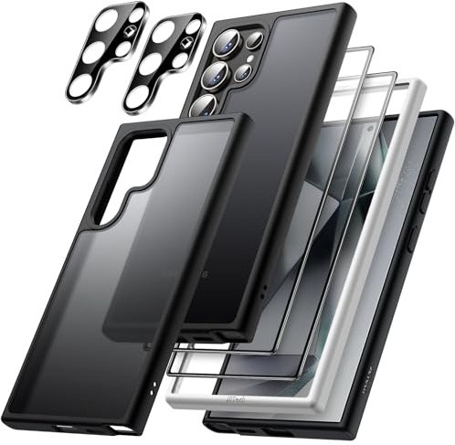 JETech 5 in 1 Matte Case for Samsung Galaxy S24 Ultra 5G with 2-Pack Screen Protector and Camera Lens Protector, Translucent Back Protective Phone Cover, Tempered Glass Film (Black)