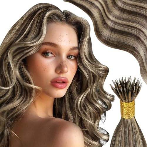 Moresoo Nano Hair Extensions Real Human Hair Dark Brown with Platinum Blonde 18 Inch Nano Beads Hair Extensions Highlight Blonde Invisible Remy Silky Hair 1g/s 50g/Pack #P4/27
