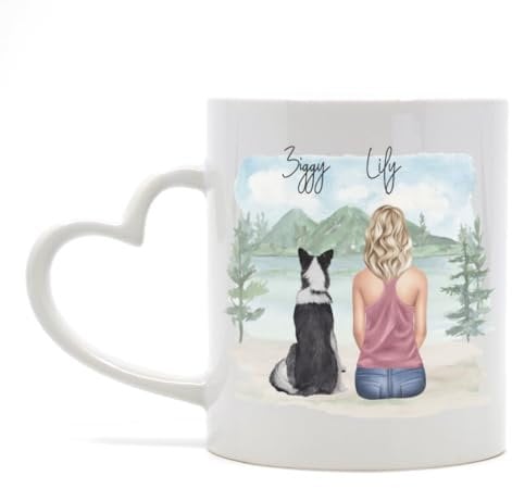 Engravables Personalised Dog Mug, 11oz Heart Handled Ceramic, Dishwasher & Microwave Safe, Variety of Dog Breed Designs, Hairstyles, Tops, Mountain, Beach, Dock or Garden Background
