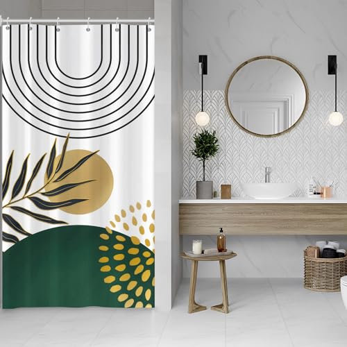 ASDCXZ Rideau de douche, style bohème, 120 x 200 cm, moderne, art abstrait, noir, doré, feuilles, soleil, blanc, lavable, étroit, en polyester, imperméable, pour baignoire, avec 8 crochets, pour