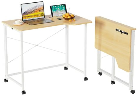 CHOWGOLI Schreibtisch klappbar mit Tablet Steckplatz, Mobiler Computertisch mit 4 Rollen, Faltbar PC Tisch Bürotisch für Home Office 90x56x75cm, Klappschreibtisch Holz Beige