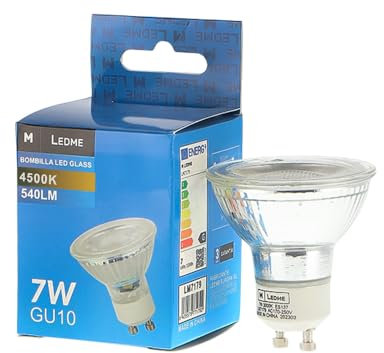 M Ledme - Bombilla Led GU10 Glass 7W, (Eq. 60W), Luz blanca Neutra (4500k), casquillo GU10, 540 Lumen, IP20, Apertura del Haz de Luz 38°, Eficiencia energética y Bajo Consumo. LM7178