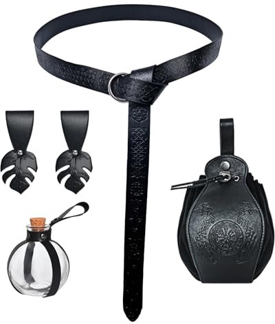 Halloween Nekromanten Anzug, Mittelalter Kleidung Zubehör, Wikinger Kleidung, Mittelalter Gürtel mit Beutel, FläSchchen, GüRtelschlaufe, für Cosplay Hexe KostüM ZubehöR (Schwarz)