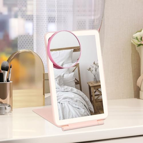 Litinliv Miroir de maquillage pliable, miroir de maquillage portable éclairé avec grossissement x10, miroir portable rechargeable avec 3 couleurs de lumière, miroir de maquillage avec éclairage, pour