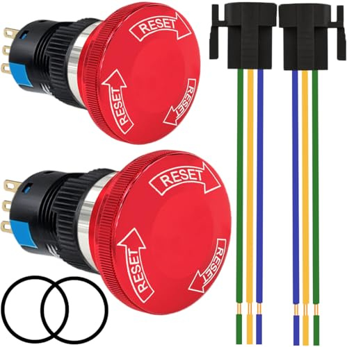 MKBKLLJY 2 Stück 16 mm Metall-Not-Aus-Druckschalter, verriegelnd, 5 A, 250 V, Edelstahl, RESET, SPDT, Pilz, rot, 5/8 Zoll, Montageloch, 3-polig, 1 Schließer, 1 Öffner
