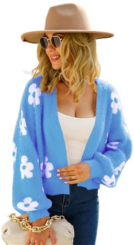 SWOAMER Damen Strickjacke Kurz Süß Cardigan Lässig Open Front Strickmantel Sweater Langarm Frühling Winter Oberteile Casual Pullover Blau M