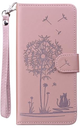 FALUWONRU Mignon Animé Chat Pissenlit de Dessin Coque pour iPhone 5/5s/SE 2016 Coques Téléphone Protection Etui【Protection Antichoc】【Soutenir La Debout】【Coque Portefeuille】【étuis à Rabat】,Rose