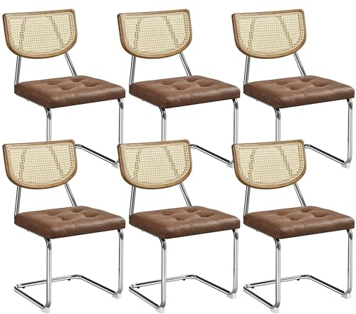 Yaheetech Esszimmerstühle 6er Set Küchenstuhl Rückenlehne Rattan, Braun | Schwingstuhl aus Kunstleder, Metallgestell bis 136 KG belastbar, Polsterstuhl fürs Esszimmer/Küche/Wohnzimmer/Restaurant