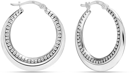LeCalla 925 Sterling Silver Hoop Earrings for Women | Antique Textured Round Hoop Earrings | Women's Ribbed Creole Earrings 28MM